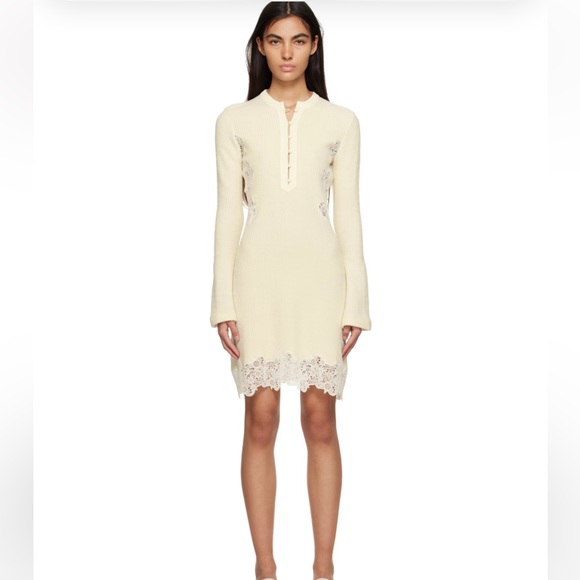 Chloe Dresses & Skirts - Chloé Cream Knit Long-Sleeve Lace-Trim Dress